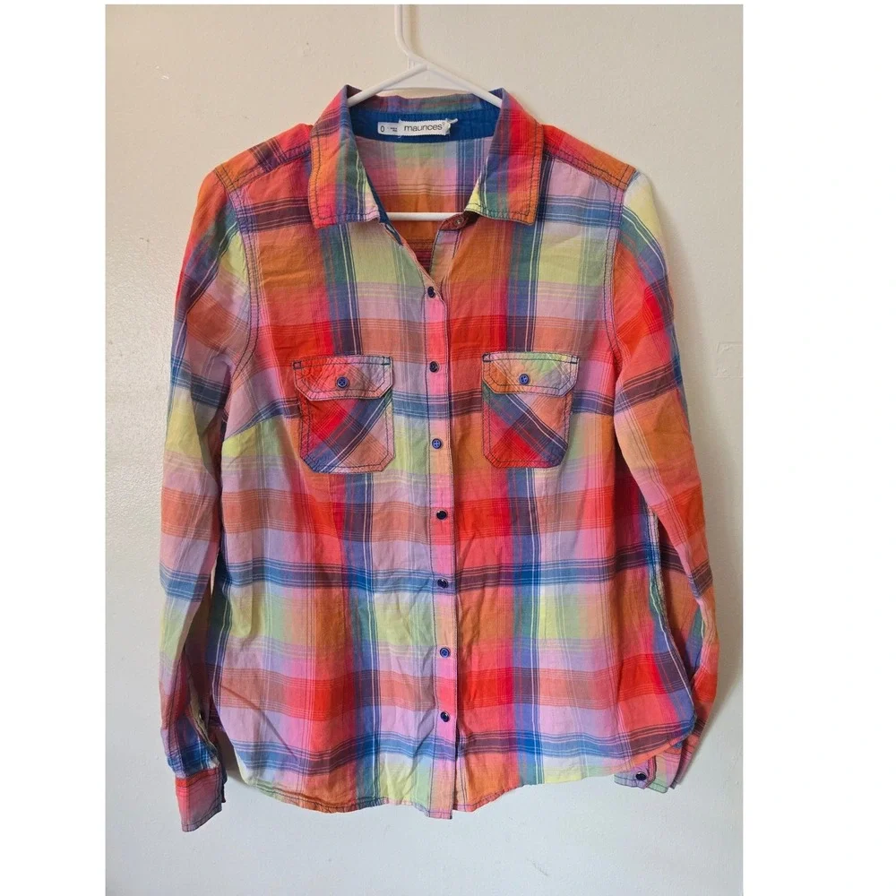 Maurices Womens Plaid Button Down Shirt Multi Color Cotton Long Sleeve Top Sz 0